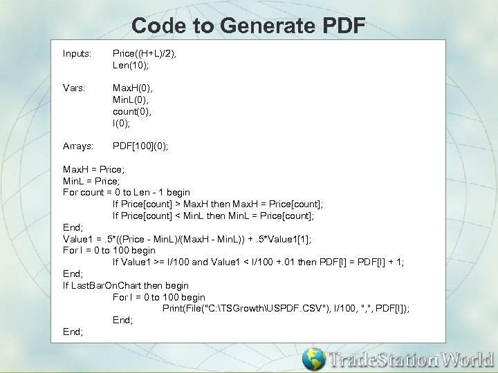 Code to Generate PDF Inputs: Price((H+L)/2), Len(10); Vars: Max. H(0), Min. L(0), count(0), I(0);