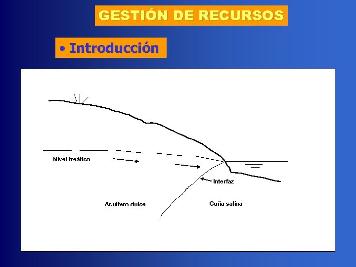 GESTIÓN DE RECURSOS • Introducción Nivel freático Interfaz Acuífero dulce Cuña salina 