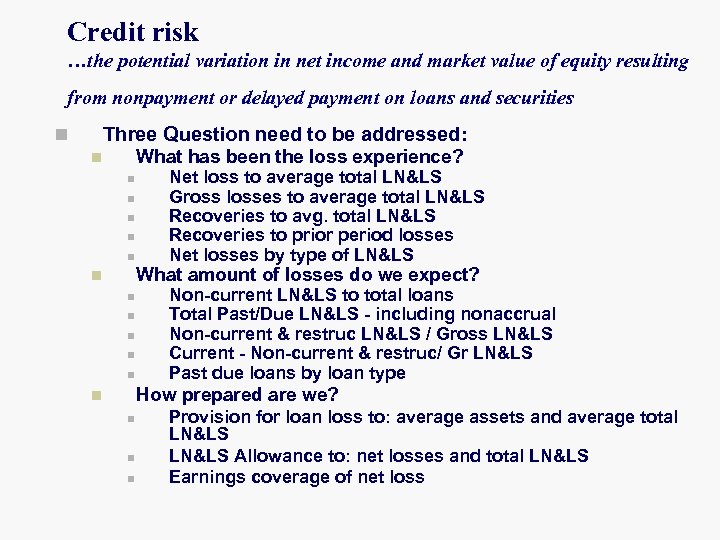 Credit risk …the potential variation in net income and market value of equity resulting