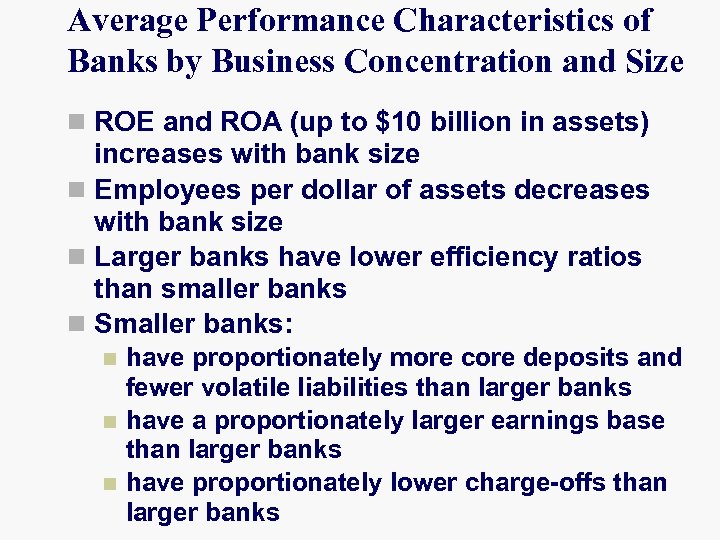 Average Performance Characteristics of Banks by Business Concentration and Size n ROE and ROA