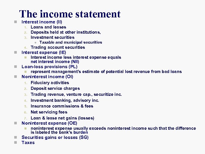 n The income statement Interest income (II) 1. 2. 3. Loans and leases Deposits