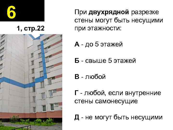 6 1, стр. 22 При двухрядной разрезке стены могут быть несущими при этажности: А