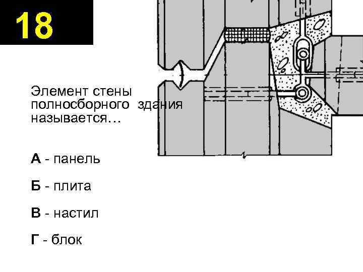 18 Элемент стены полносборного здания называется… А - панель Б - плита В -