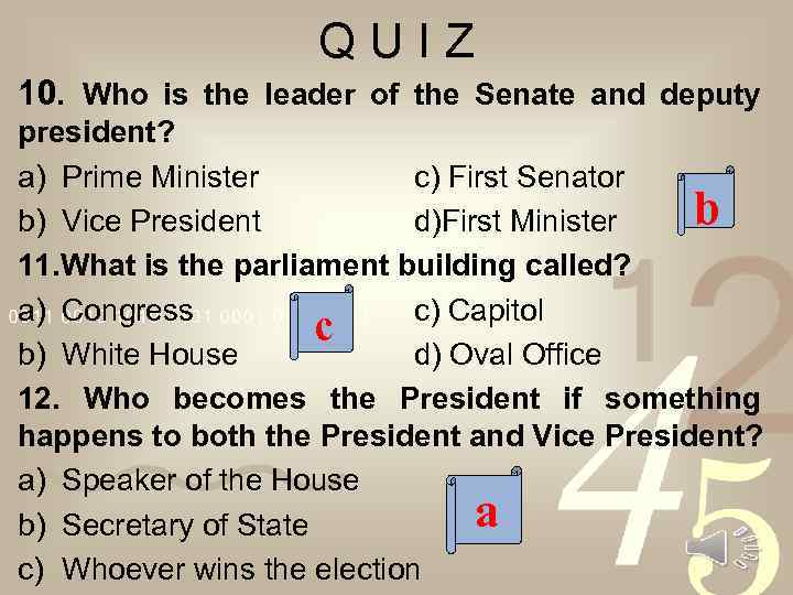 QUIZ 10. Who is the leader of the Senate and deputy president? a) Prime