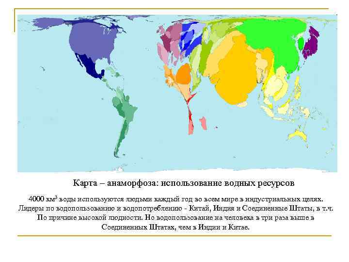 Карта – анаморфоза: использование водных ресурсов 4000 км 3 воды используются людьми каждый год