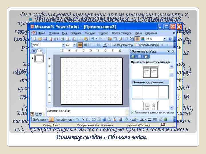 Для создания новой презентации путем применения разметки к В шаблоне оформления содержатся Процесс слайдов