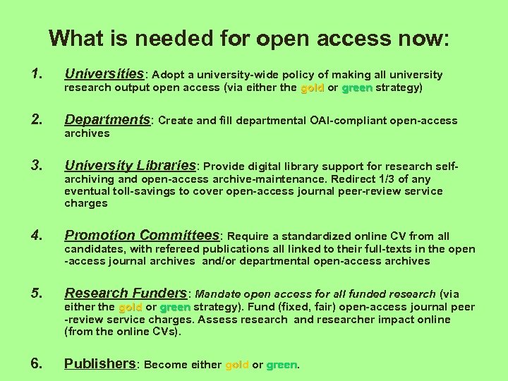 What is needed for open access now: 1. Universities: Adopt a university-wide policy of