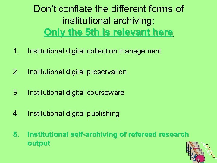 Don’t conflate the different forms of institutional archiving: Only the 5 th is relevant