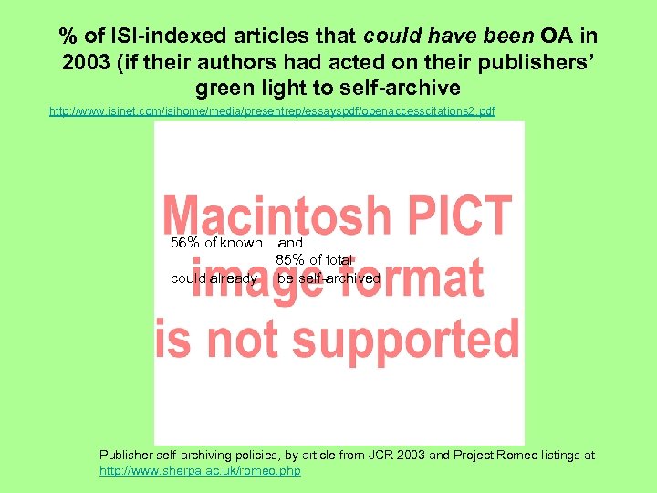 % of ISI-indexed articles that could have been OA in 2003 (if their authors
