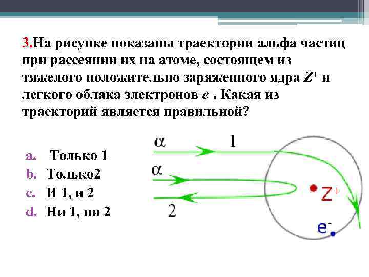 3. На рисунке показаны траектории aльфа частиц при рассеянии их на атоме, состоящем из