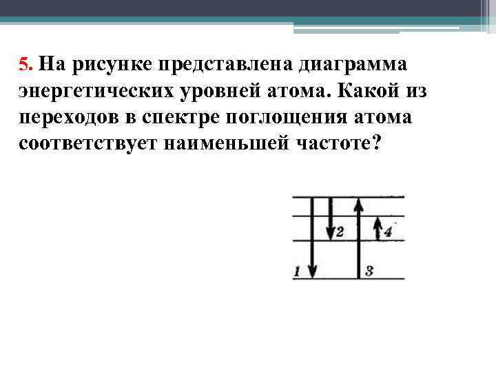 5. На рисунке представлена диаграмма энергетических уровней атома. Какой из переходов в спектре поглощения