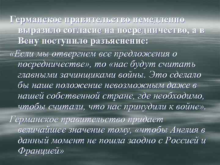 Германское правительство немедленно выразило согласие на посредничество, а в Вену поступило разъяснение: «Если мы