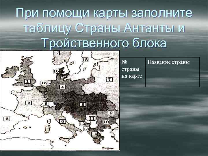 При помощи карты заполните таблицу Страны Антанты и Тройственного блока При № Название страны