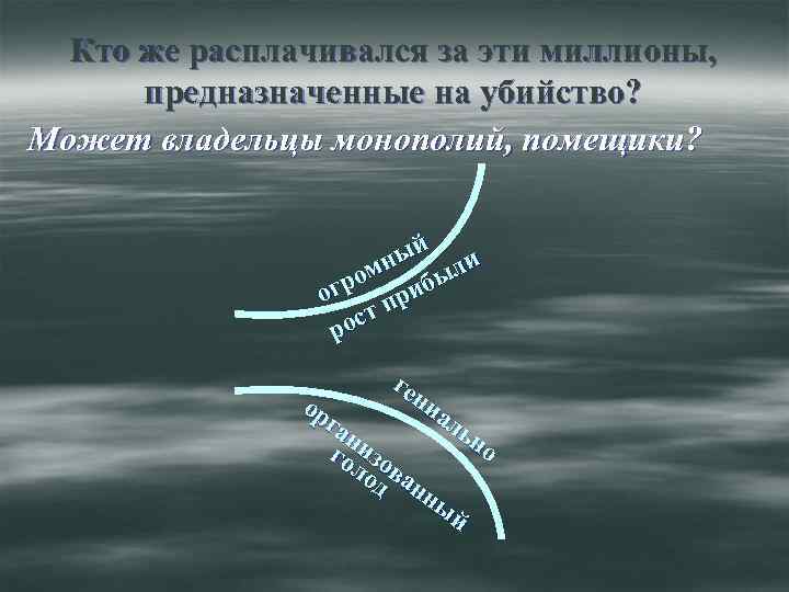 Кто же расплачивался за эти миллионы, предназначенные на убийство? Может владельцы монополий, помещики? ый