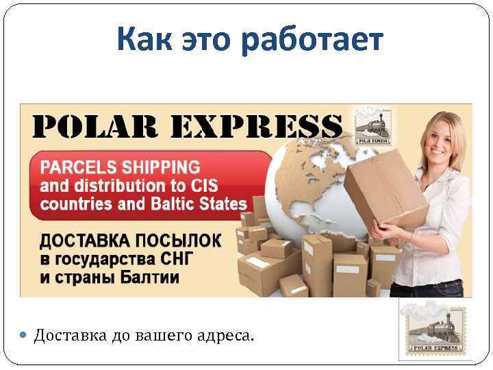 Как это работает Доставка до вашего адреса. 