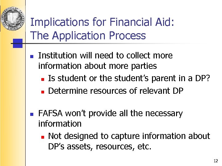 Implications for Financial Aid: The Application Process n n Institution will need to collect