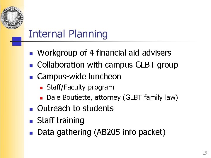 Internal Planning n n n Workgroup of 4 financial aid advisers Collaboration with campus