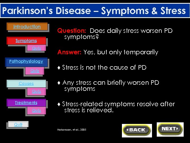 Parkinson’s Disease – Symptoms & Stress Introduction Symptoms Quiz Pathophysiology Quiz Causes Quiz Treatments