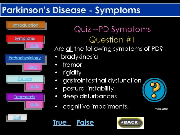 Parkinson’s Disease - Symptoms Introduction Quiz --PD Symptoms Question #1 Symptoms Quiz Pathophysiology Quiz