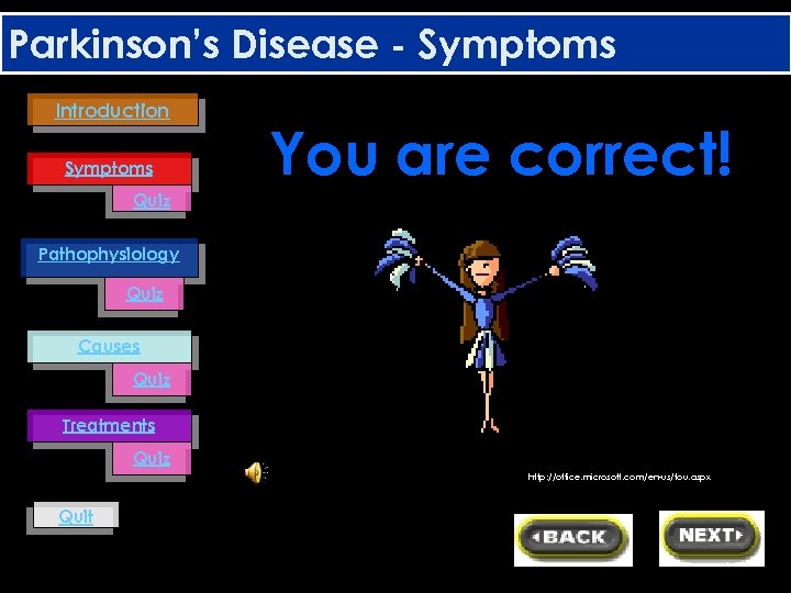 Parkinson’s Disease - Symptoms Introduction Symptoms You are correct! Quiz Pathophysiology Quiz Causes Quiz