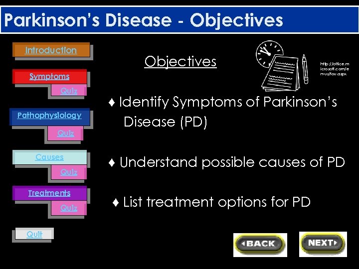 Parkinson’s Disease - Objectives Introduction Objectives Symptoms Quiz Pathophysiology Quiz Causes Quiz Treatments Quiz