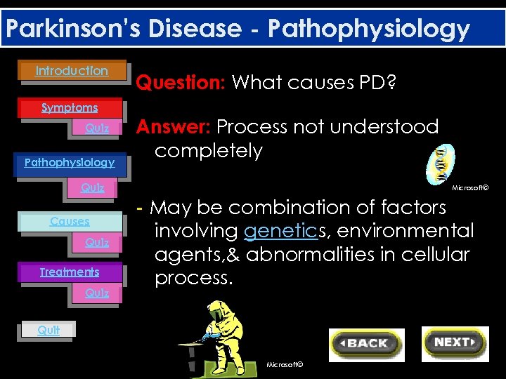 Parkinson’s Disease - Pathophysiology Introduction Question: What causes PD? Symptoms Quiz Pathophysiology Answer: Process