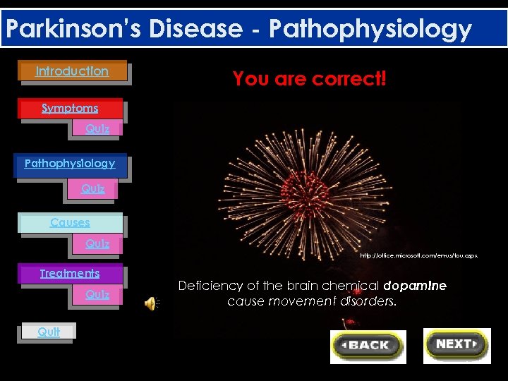 Parkinson’s Disease - Pathophysiology Introduction You are correct! Symptoms Quiz Pathophysiology Quiz Causes Quiz