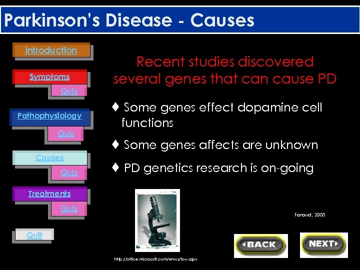 Parkinson’s Disease - Causes Introduction Symptoms Quiz Pathophysiology Quiz Causes Quiz Recent studies discovered