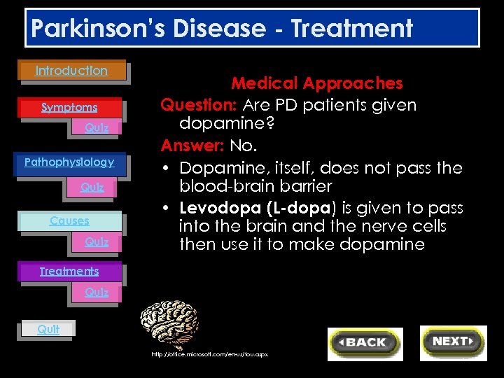 Parkinson’s Disease - Treatment Introduction Symptoms Quiz Pathophysiology Quiz Causes Quiz Medical Approaches Question: