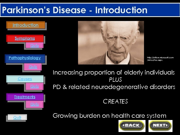 Parkinson’s Disease - Introduction Symptoms Quiz Pathophysiology Quiz Causes Quiz Treatments Quiz Quit http: