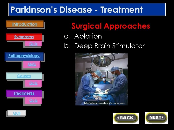 Parkinson’s Disease - Treatment Introduction Symptoms Quiz Surgical Approaches a. Ablation b. Deep Brain