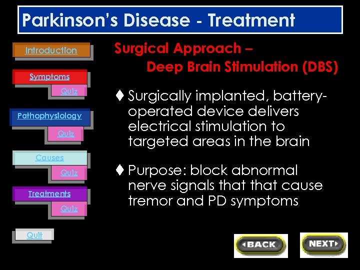 Parkinson’s Disease - Treatment Introduction Symptoms Quiz Pathophysiology Quiz Causes Quiz Treatments Quiz Quit