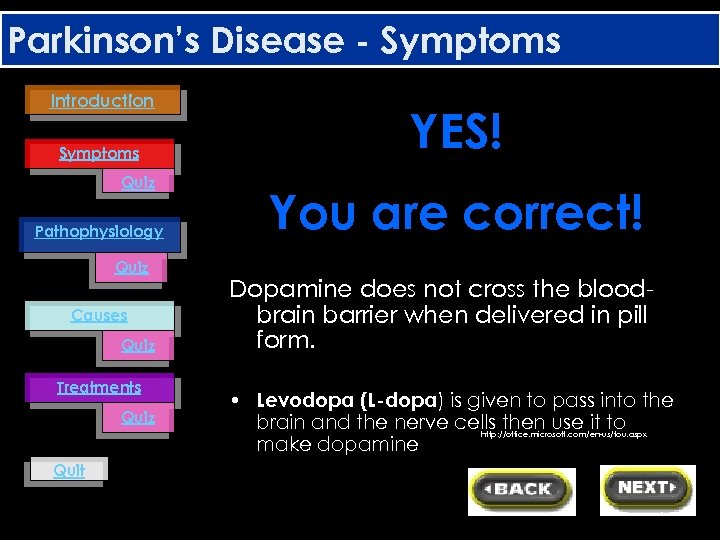 Parkinson’s Disease - Symptoms Introduction Symptoms Quiz Pathophysiology Quiz Causes Quiz Treatments Quiz YES!