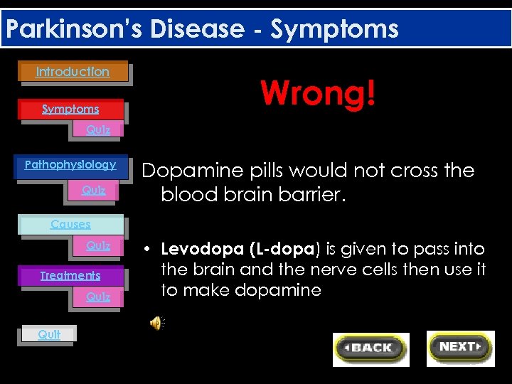 Parkinson’s Disease - Symptoms Introduction Symptoms Wrong! Quiz Pathophysiology Quiz Dopamine pills would not