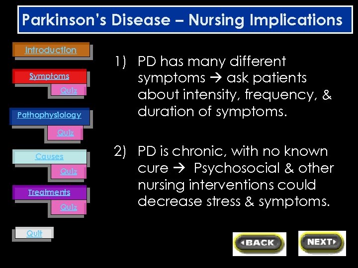 Parkinson’s Disease – Nursing Implications Introduction Symptoms Quiz Pathophysiology 1) PD has many different