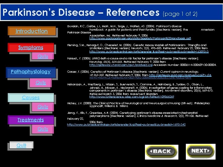 Parkinson’s Disease – References (page 1 of 2) Introduction Symptoms Quiz Pathophysiology Quiz Causes