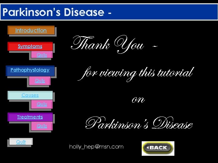 Parkinson’s Disease Introduction Symptoms Quiz Pathophysiology Quiz Causes Quiz Treatments Quiz Quit Thank You