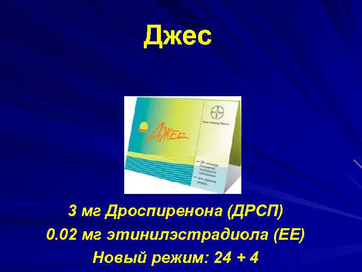 Джес 3 мг Дроспиренона (ДРСП) 0. 02 мг этинилэстрадиола (EE) Новый режим: 24 +