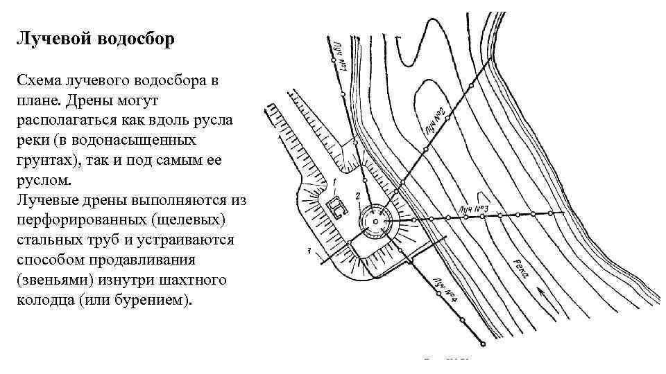 Лучевой водосбор Схема лучевого водосбора в плане. Дрены могут располагаться как вдоль русла реки