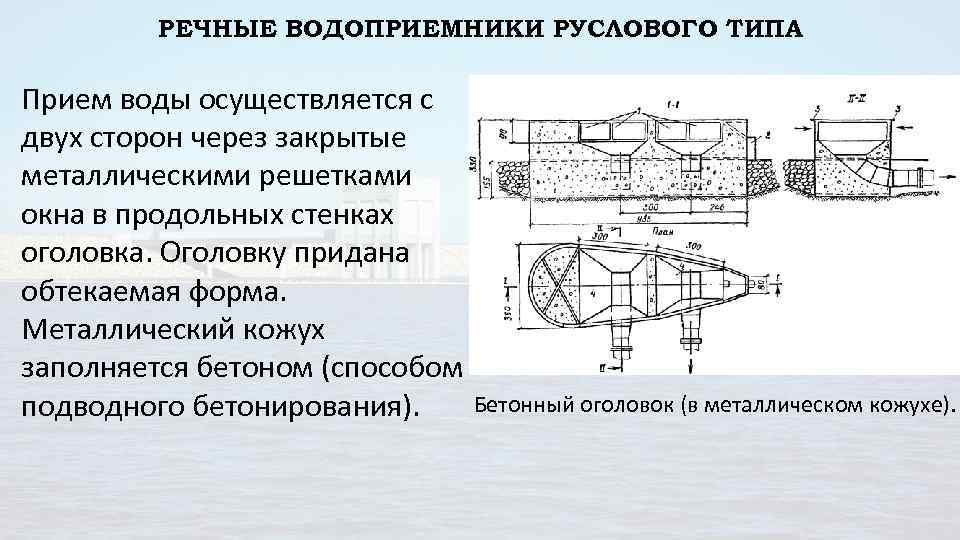 РЕЧНЫЕ ВОДОПРИЕМНИКИ РУСЛОВОГО ТИПА Прием воды осуществляется с двух сторон через закрытые металлическими решетками
