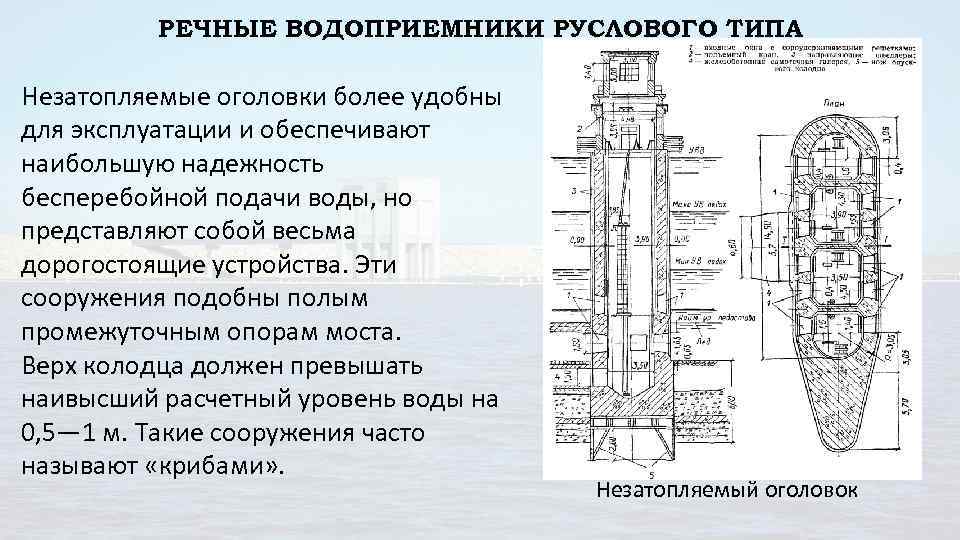 РЕЧНЫЕ ВОДОПРИЕМНИКИ РУСЛОВОГО ТИПА Незатопляемые оголовки более удобны для эксплуатации и обеспечивают наибольшую надежность