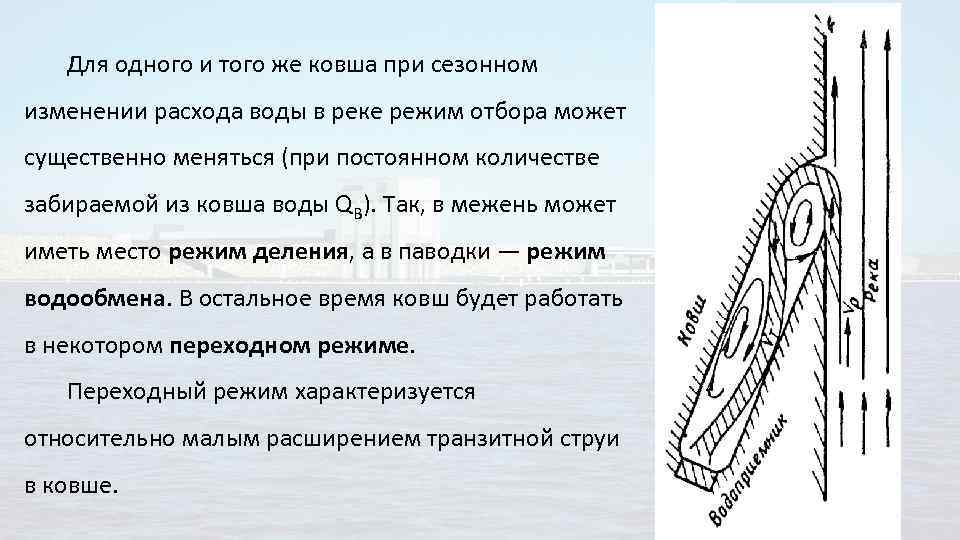 Для одного и того же ковша при сезонном изменении расхода воды в реке режим