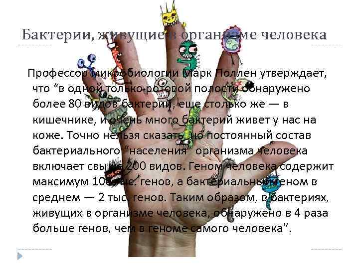 Бактерии, живущие в организме человека Профессор микробиологии Марк Поллен утверждает, что “в одной только