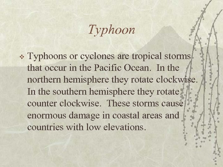 Typhoon v Typhoons or cyclones are tropical storms that occur in the Pacific Ocean.