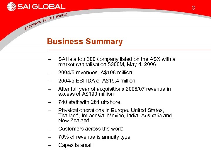 3 Business Summary – SAI is a top 300 company listed on the ASX