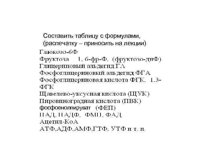 Составить таблицу с формулами, (распечатку – приносить на лекции) фосфоенолпируват 