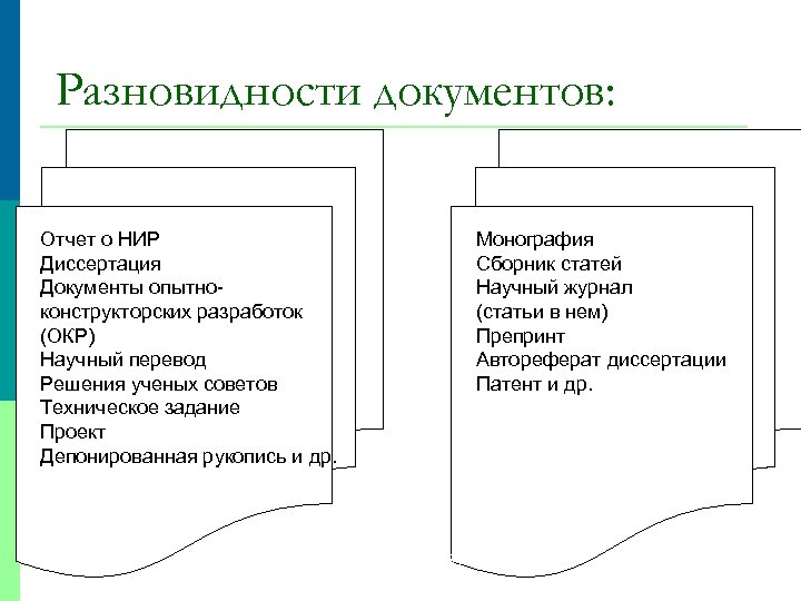 Разновидности документов: Неопубликованные Отчет о НИР Диссертация Документы опытноконструкторских разработок (ОКР) Научный перевод Решения
