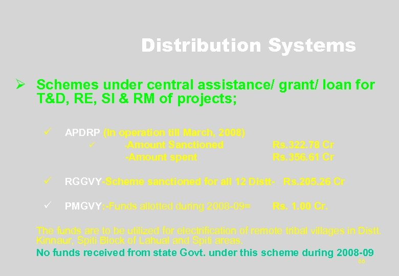 Distribution Systems Ø Schemes under central assistance/ grant/ loan for T&D, RE, SI &