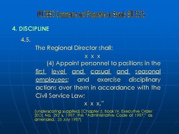 4. DISCIPLINE 4. 5. The Regional Director shall: x x x (4) Appoint personnel