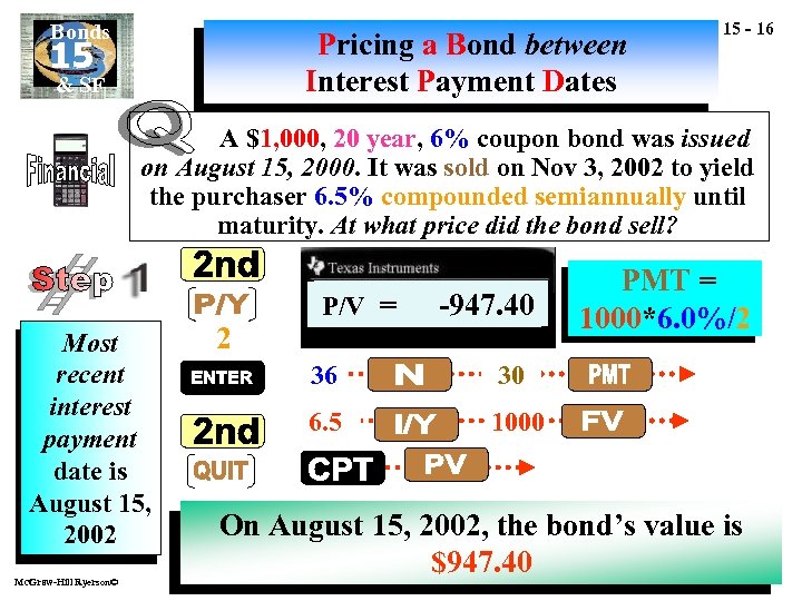 Bonds Pricing a Bond between Interest Payment Dates 15 & SF 15 - 16